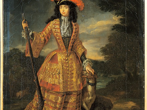 Jan Frans van Douven, Cinque scene di vita di corte a Düsseldorf; L’Elettrice Palatina in abito da caccia, 1691-1700 ca, olio su tela Firenze, Palazzo Pitti, Galleria Palatina