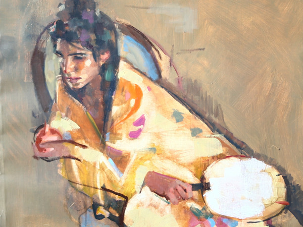 Geoffrey Humphries, Eleonora in Kimono with Fan, Olio su tela (Particolare), 55 x 70 cm | Courtesy of the Artist and The Osborne Studio Gallery, London