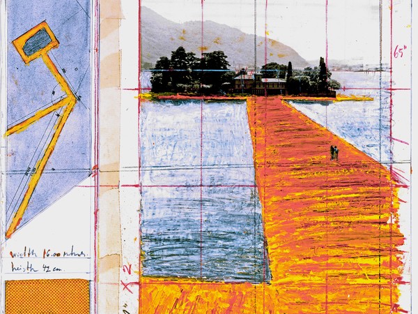Christo e Jeanne-Claude, The Floating Piers (Progetto per il Lago d'Iseo, Italy) 2014, Collage 2015, 43.2 x 55.9 cm, Matita, pastello a cera, smalto, fotografia di Wolfgang Volz, dati tecnici e tessuto | Foto di André Grossmann © Christo 2014